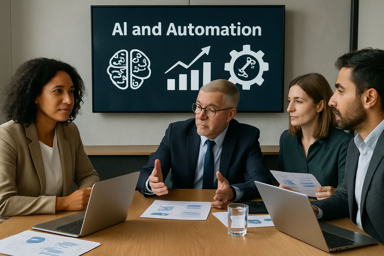 Enterprise Scaling Trend discussed by executives with AI strategy presentations in meeting room.