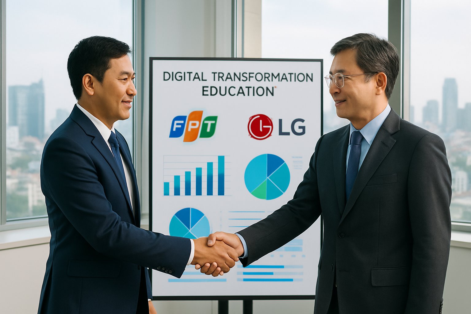Digital Transformation Education partnership handshake between FPT and LG leaders.