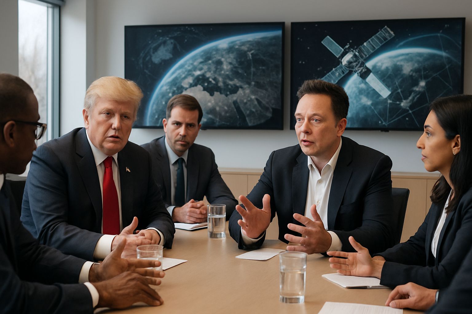 Leaders discuss Geopolitical Satellite Internet expansion strategies in conference room