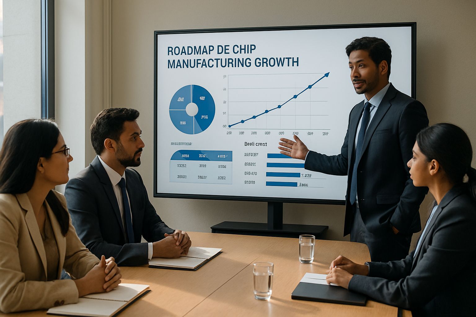 Indian professionals discuss India chip manufacturing growth roadmap in an office.