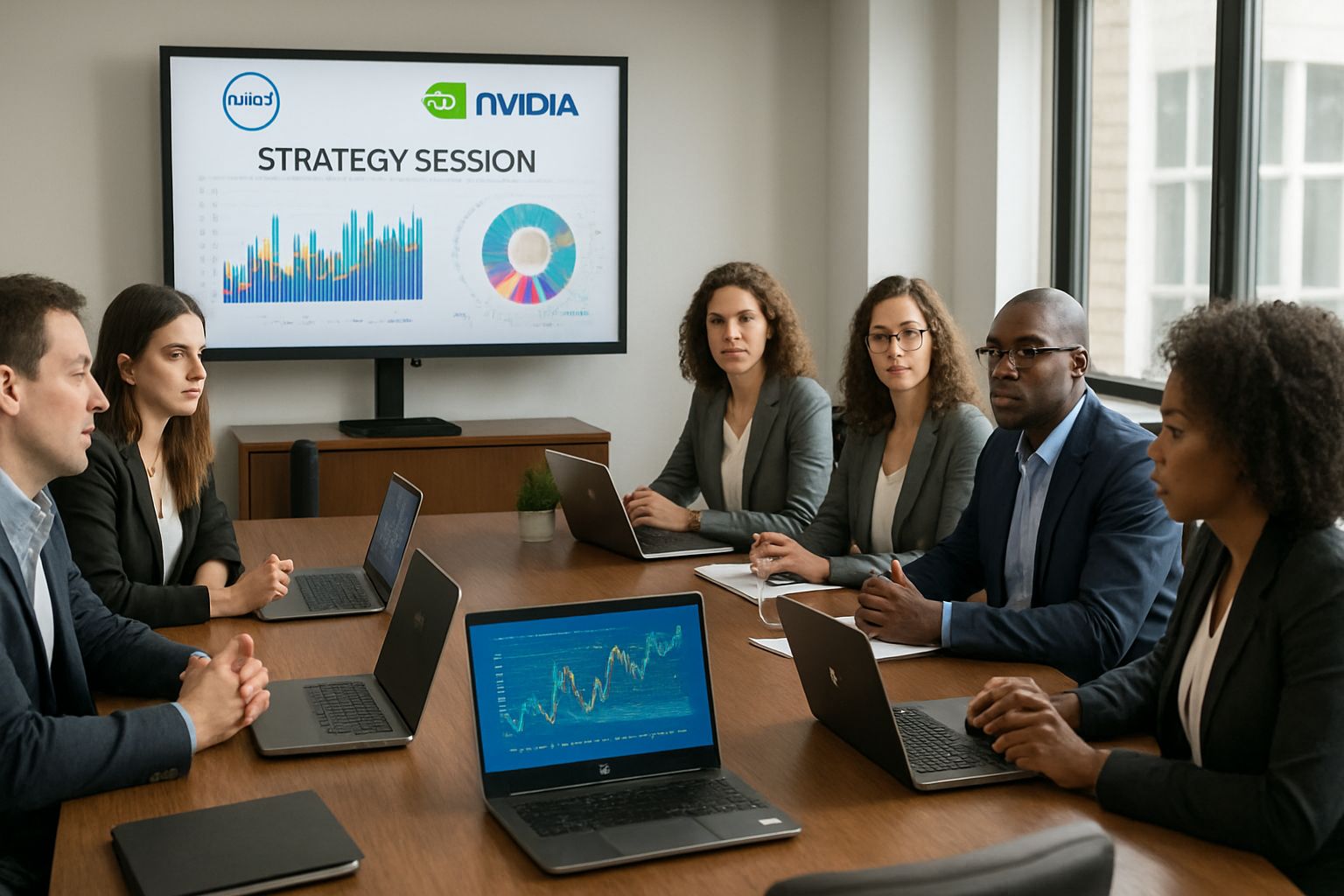 Enterprise AI strategy meeting at Dell with partners and digital visualizations.