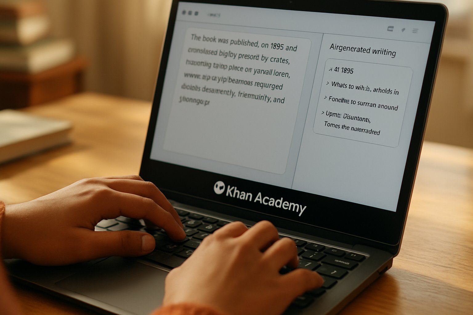 Student using Khan Academy AI writing coach on laptop for essay help.