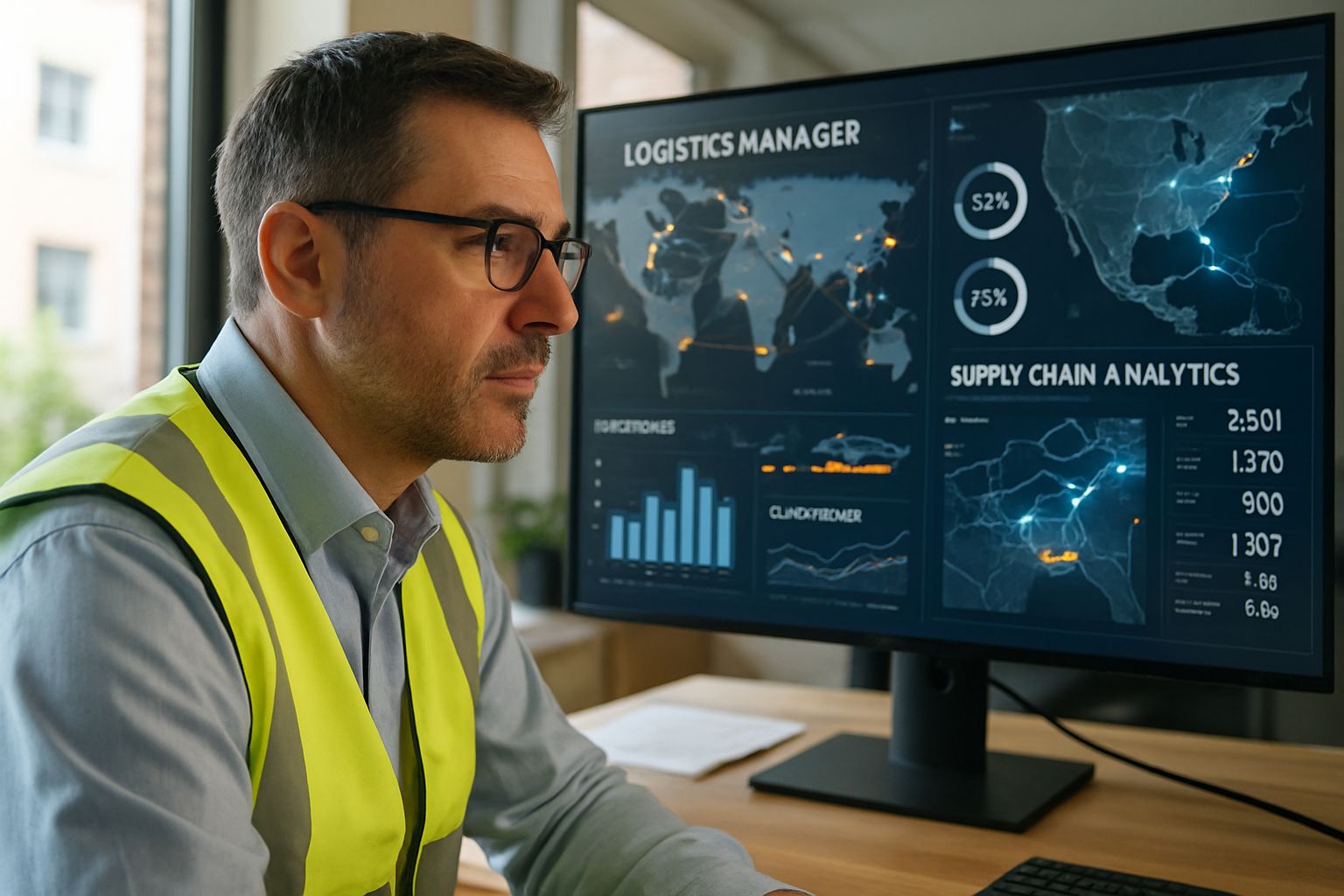 Logistics manager utilizing cognitive supply chain twins dashboard for real-time decisions.