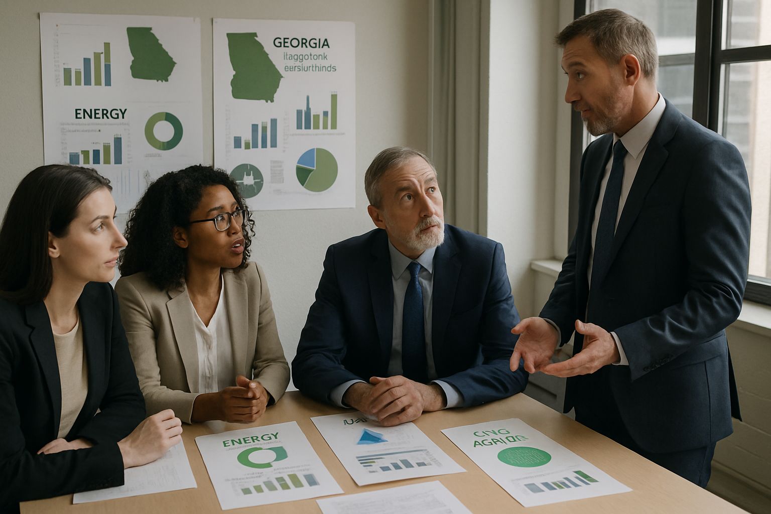 Professionals discuss Resource Sustainability strategies in Georgian office with grid and water data.