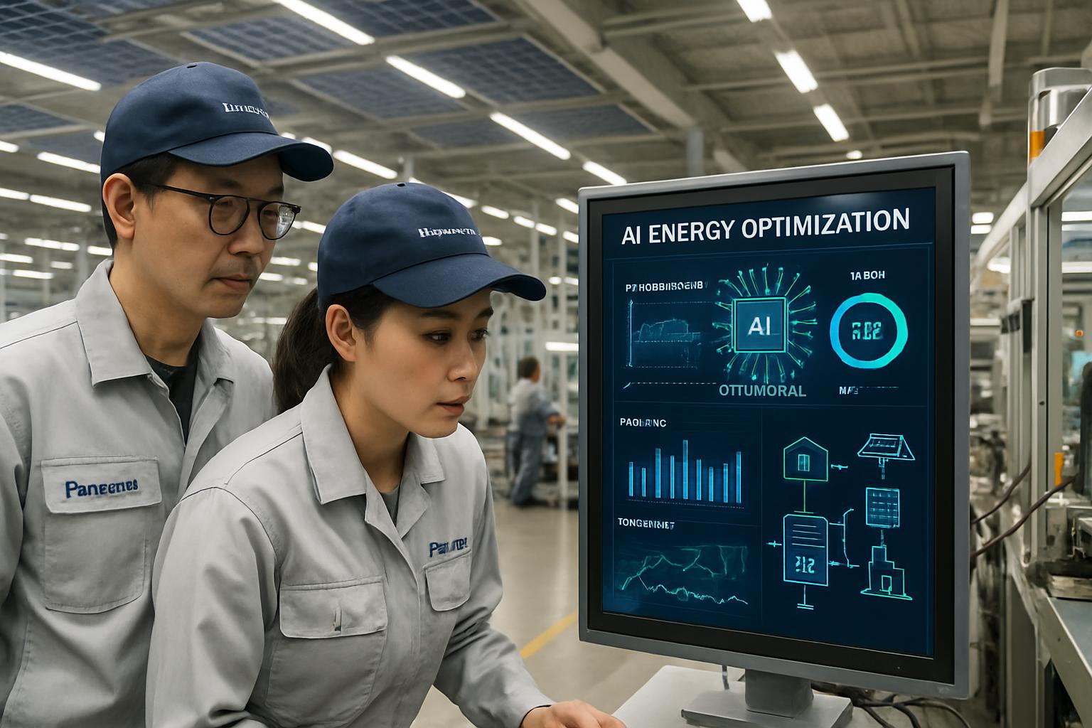 Panasonic engineers monitor AI-powered Green Transformation Solutions on a factory floor.