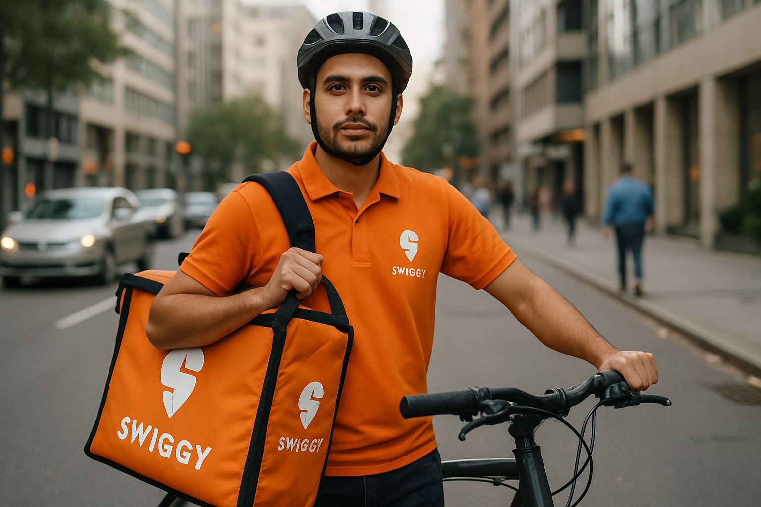 Swiggy delivery rider with branded bag on a city street.