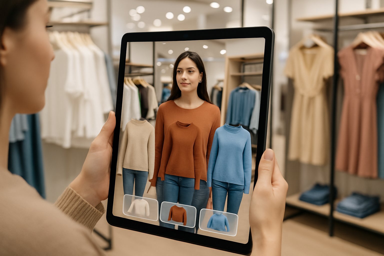 Customer using Virtual Try-On Intelligence Systems with tablet in clothing store
