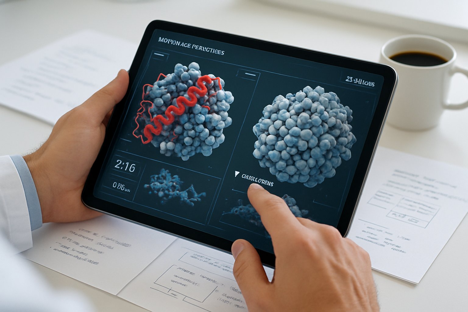 Tablet displaying generative molecular lead optimization engines molecular modeling