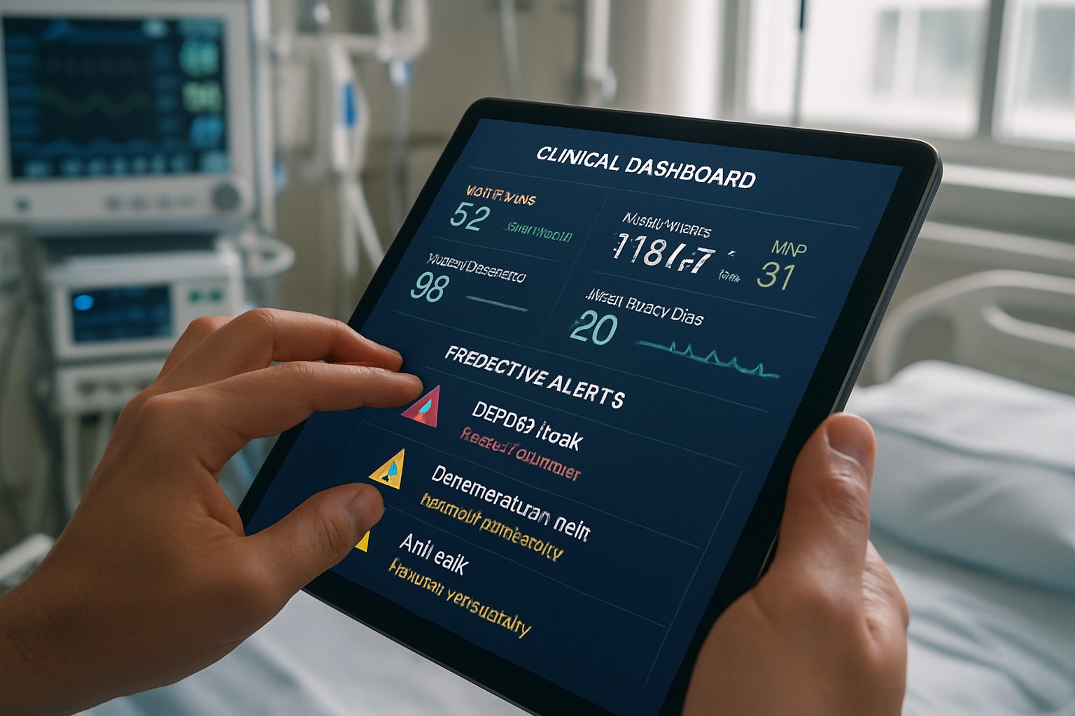 Predictive Patient Deterioration Models dashboard in use on a tablet in ICU.