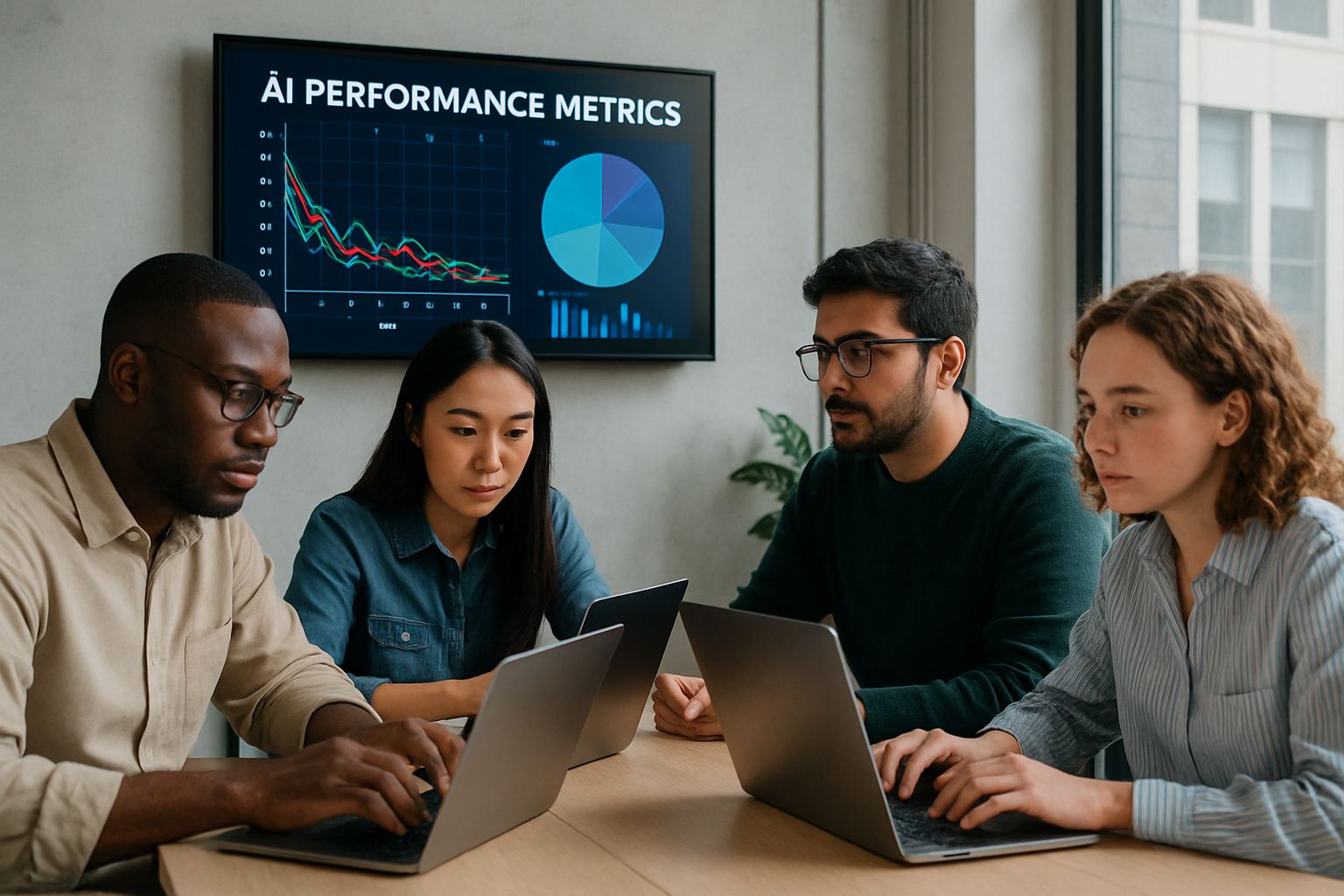 TCS team analyzes AI pilot performance data in office setting.