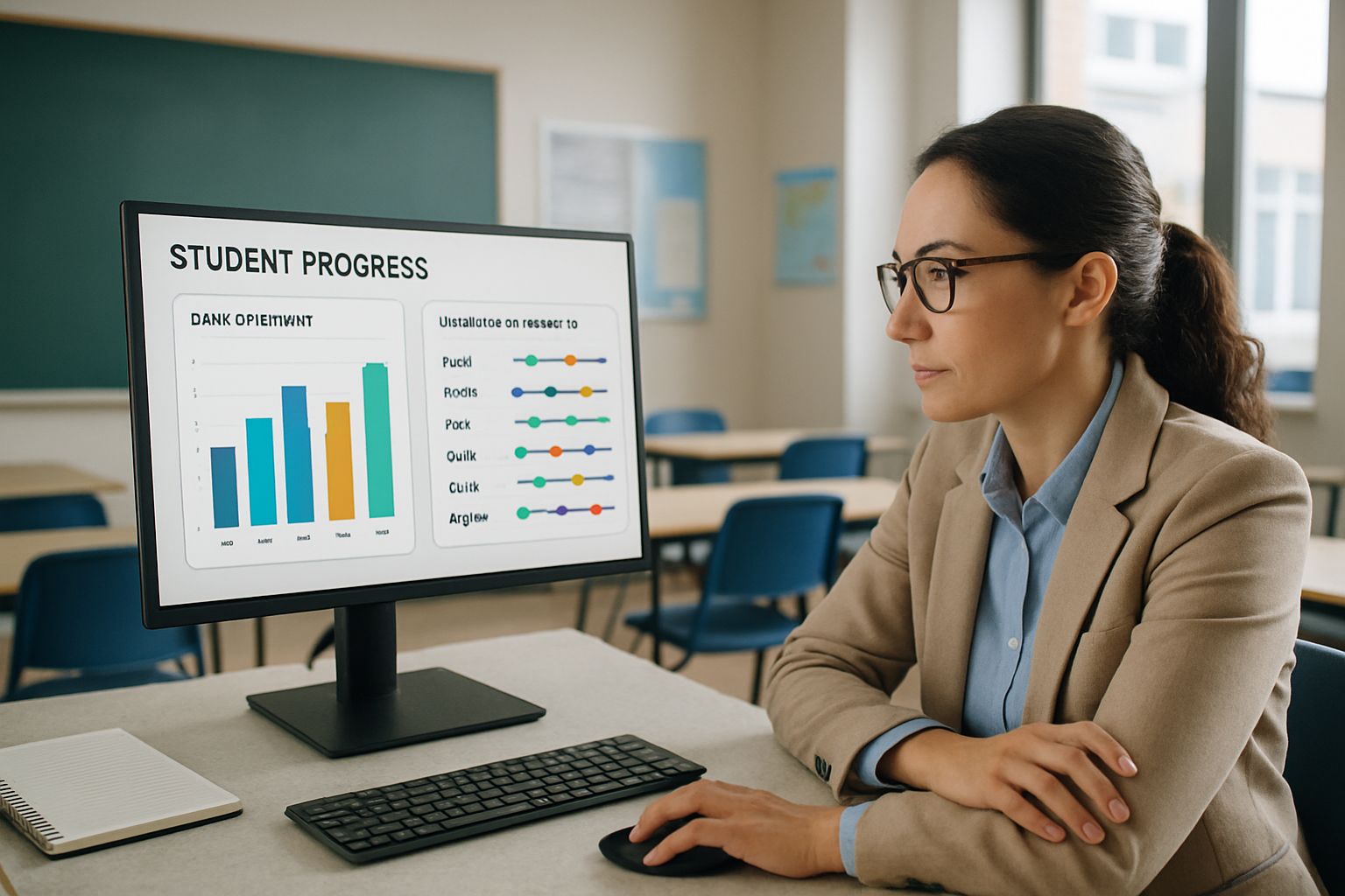 Teacher reviewing data dashboards from adaptive learning pathway engines for K-12 students