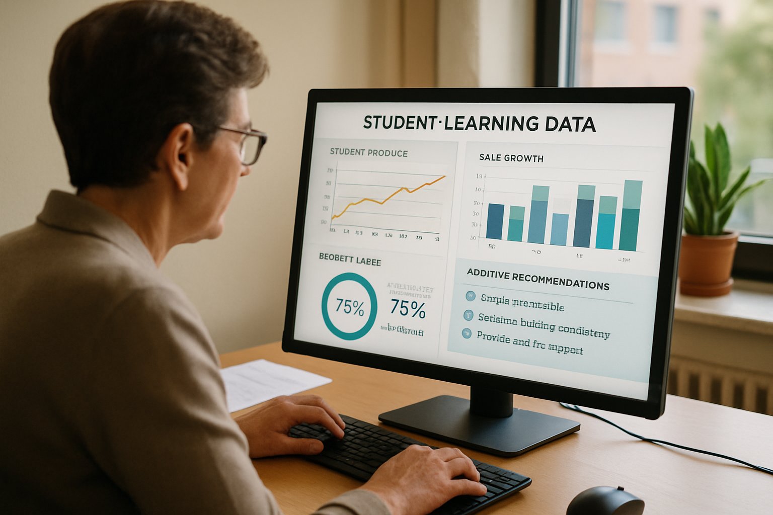 Teacher using Adaptive Learning Intelligence data dashboard to personalize K-12 instruction.