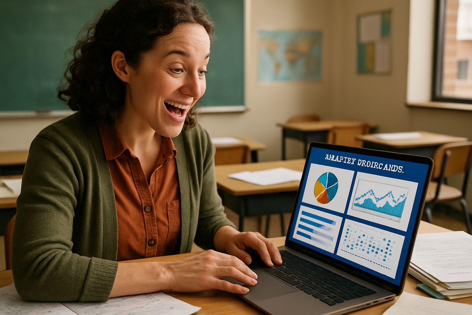 Teacher reviewing Personalized Assessment Engines analytics data on a laptop in a real classroom.