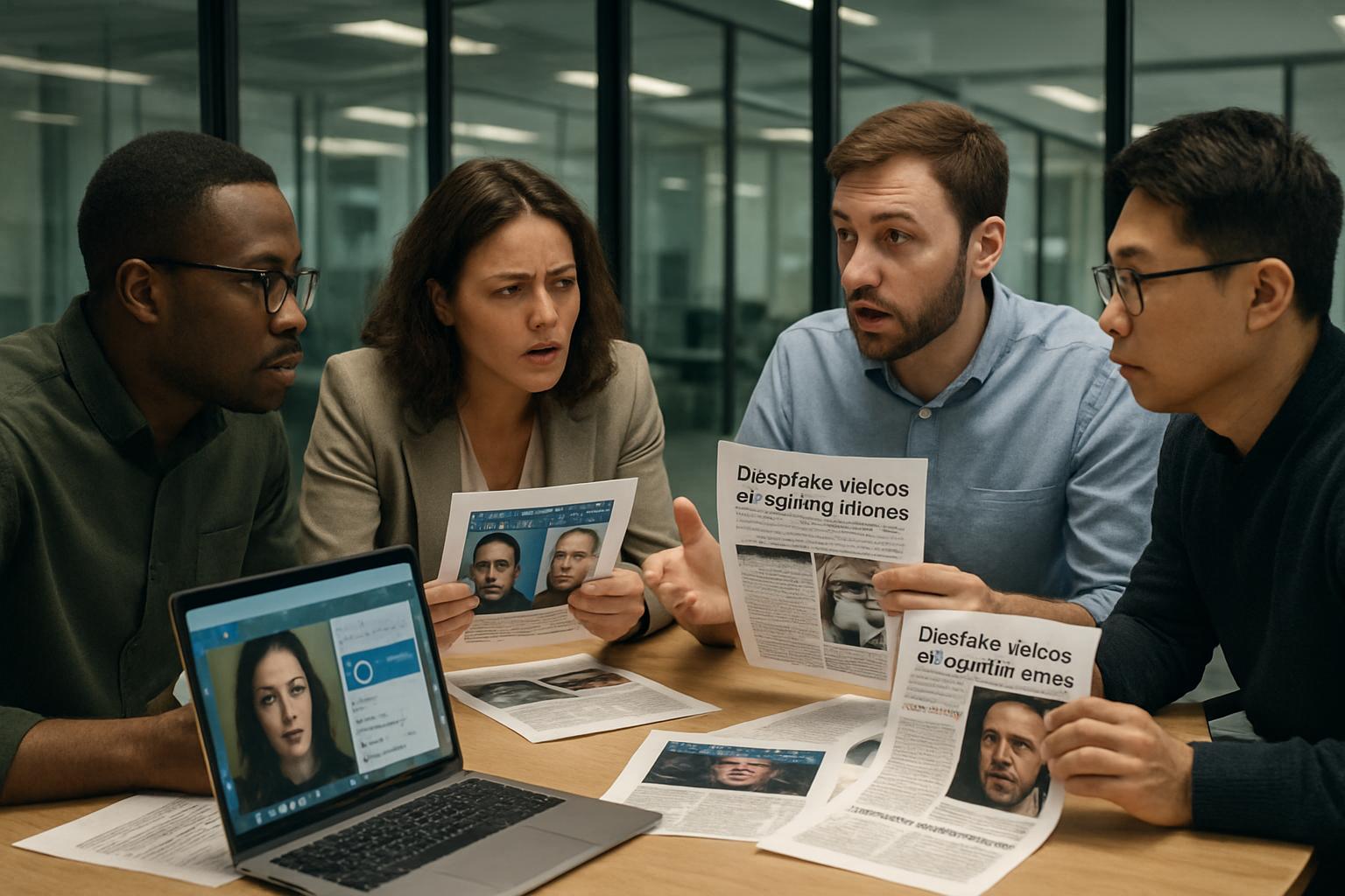 Tech team reviewing AI Deepfakes evidence from Telegram in a modern office.