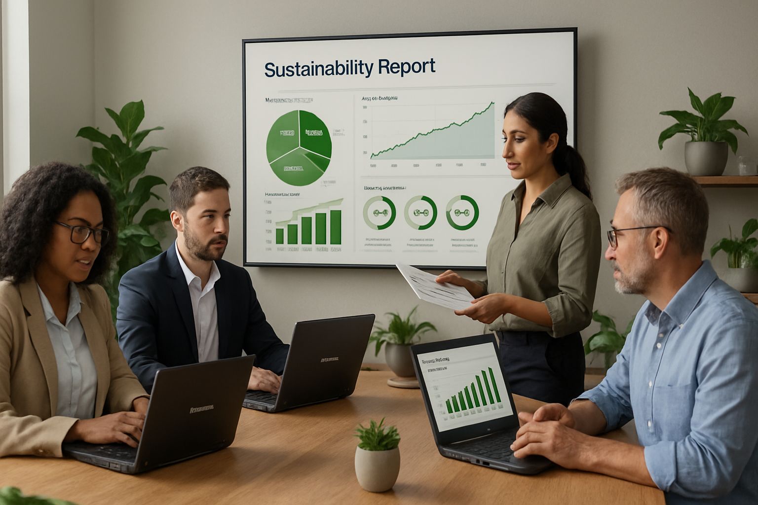 Team reviews AI-guided green transformation analytics for emission reduction