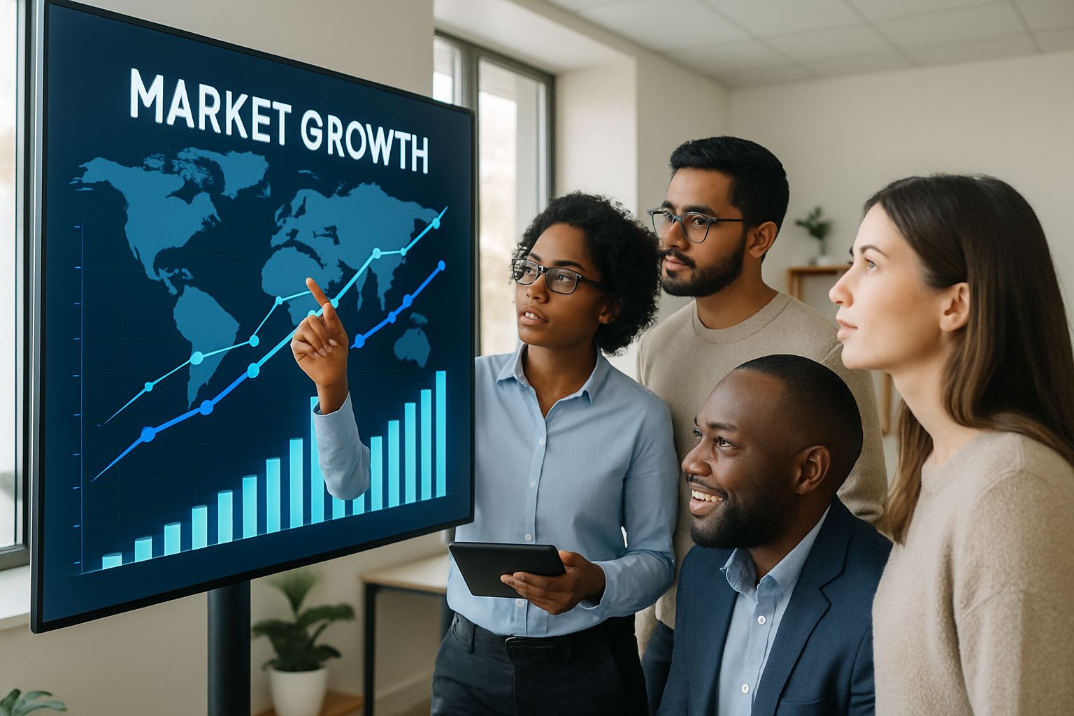 Tech professionals reviewing Market Growth data on digital screen