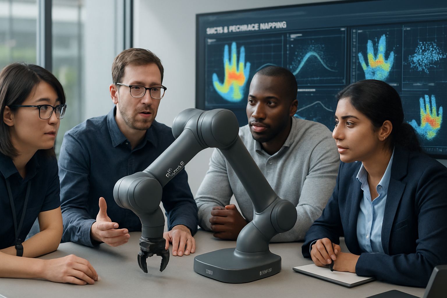 Engineers analyze tactile data from a Microsoft Rho-alpha robot arm.