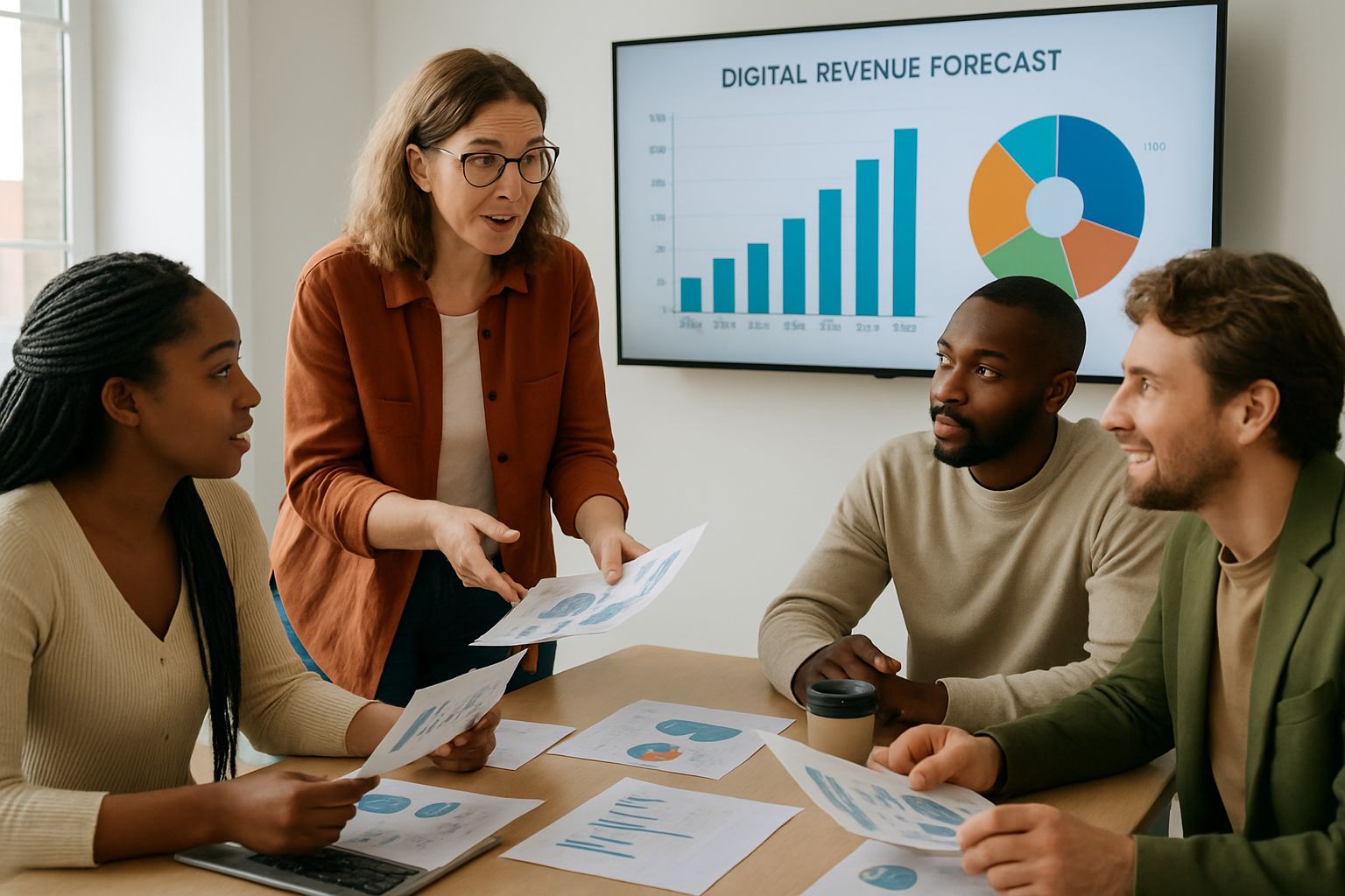 Team meeting discussing Creator Revenue Forecast Models for influencer contracts