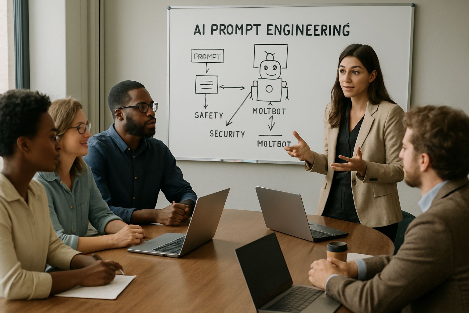Team discussing Prompt Engineering Safety strategies for AI development.
