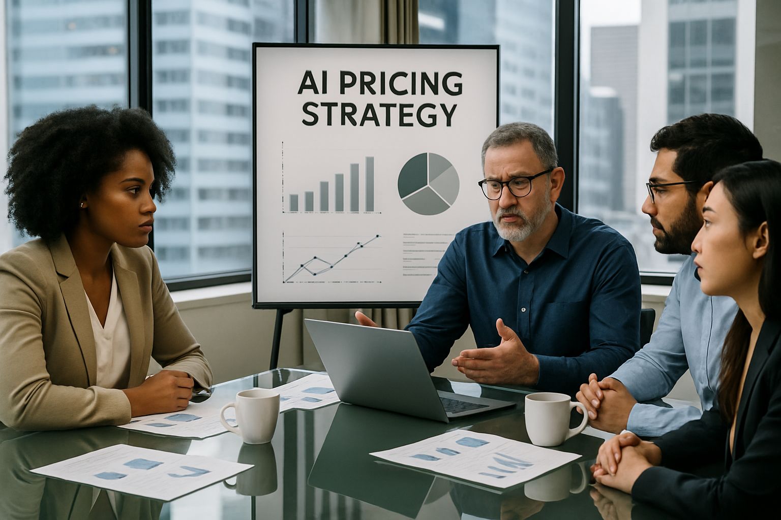 IT team discussing AI pricing strategy during a collaborative meeting.