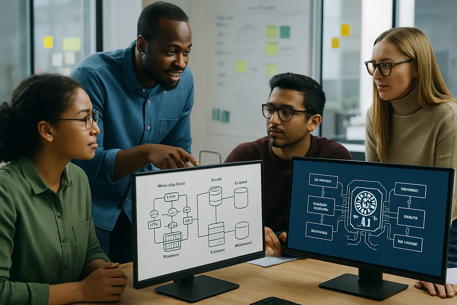 Engineers collaborating on AI Infrastructure systems design in a tech office.