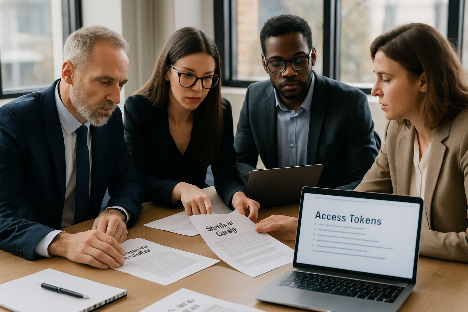 Business team collaborating on Security Policy documents in a meeting.