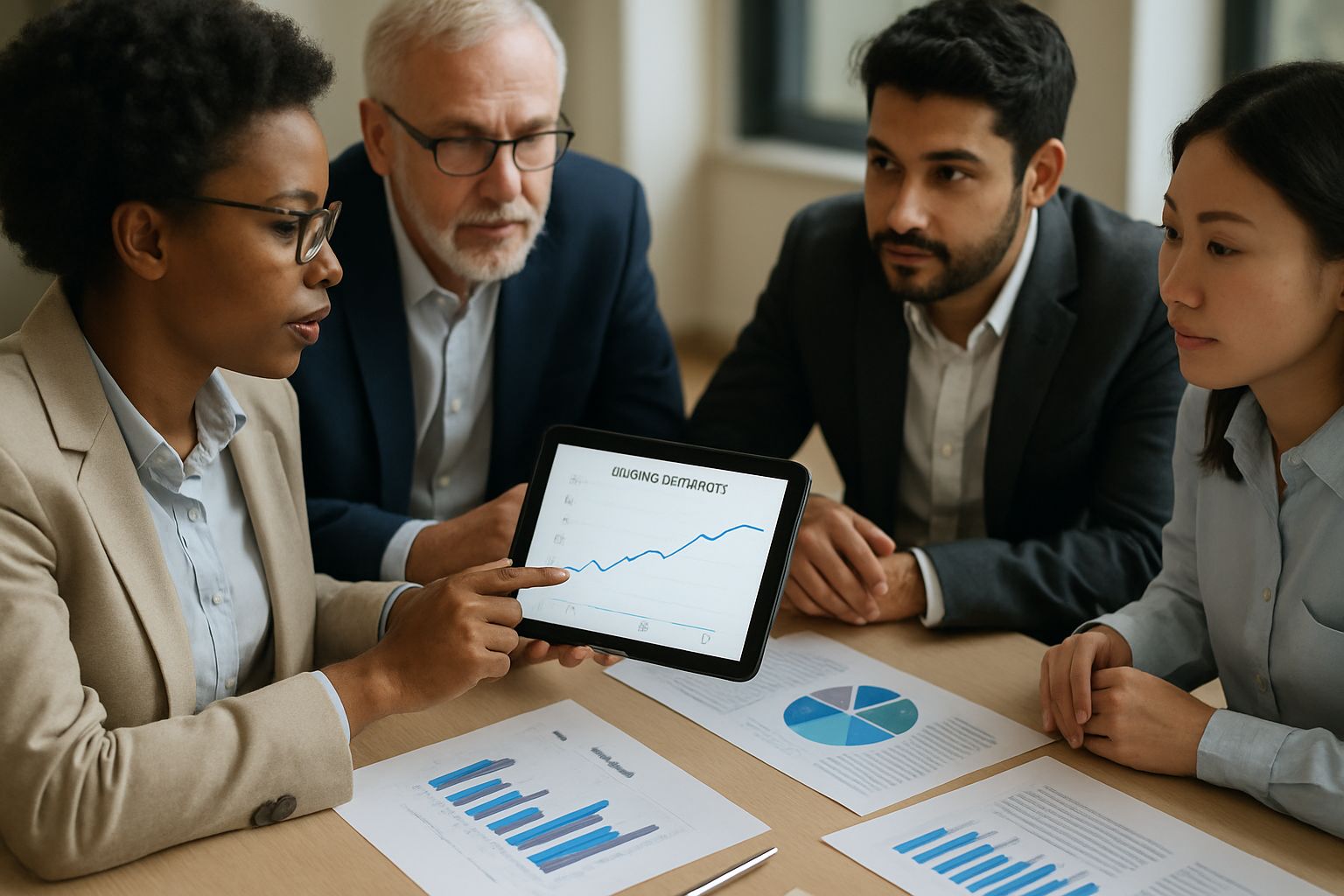 Professionals discussing Disinflation meaning with economic data and graphs