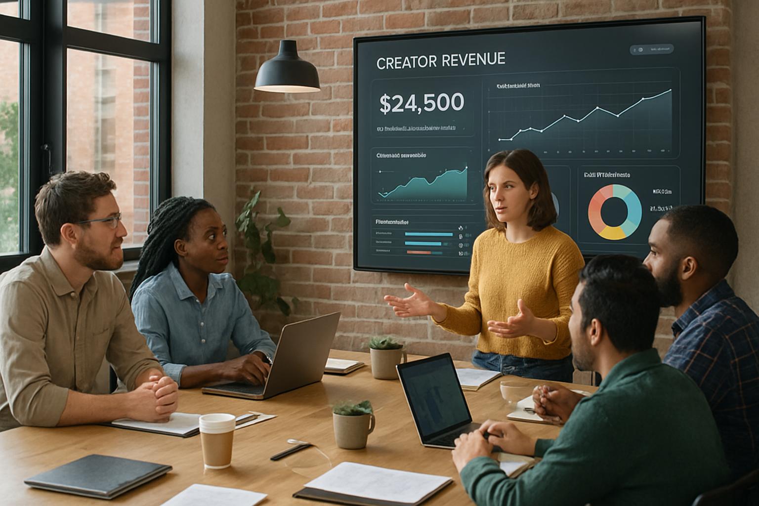 Team reviews creator revenue forecast engines dashboard with income and performance metrics
