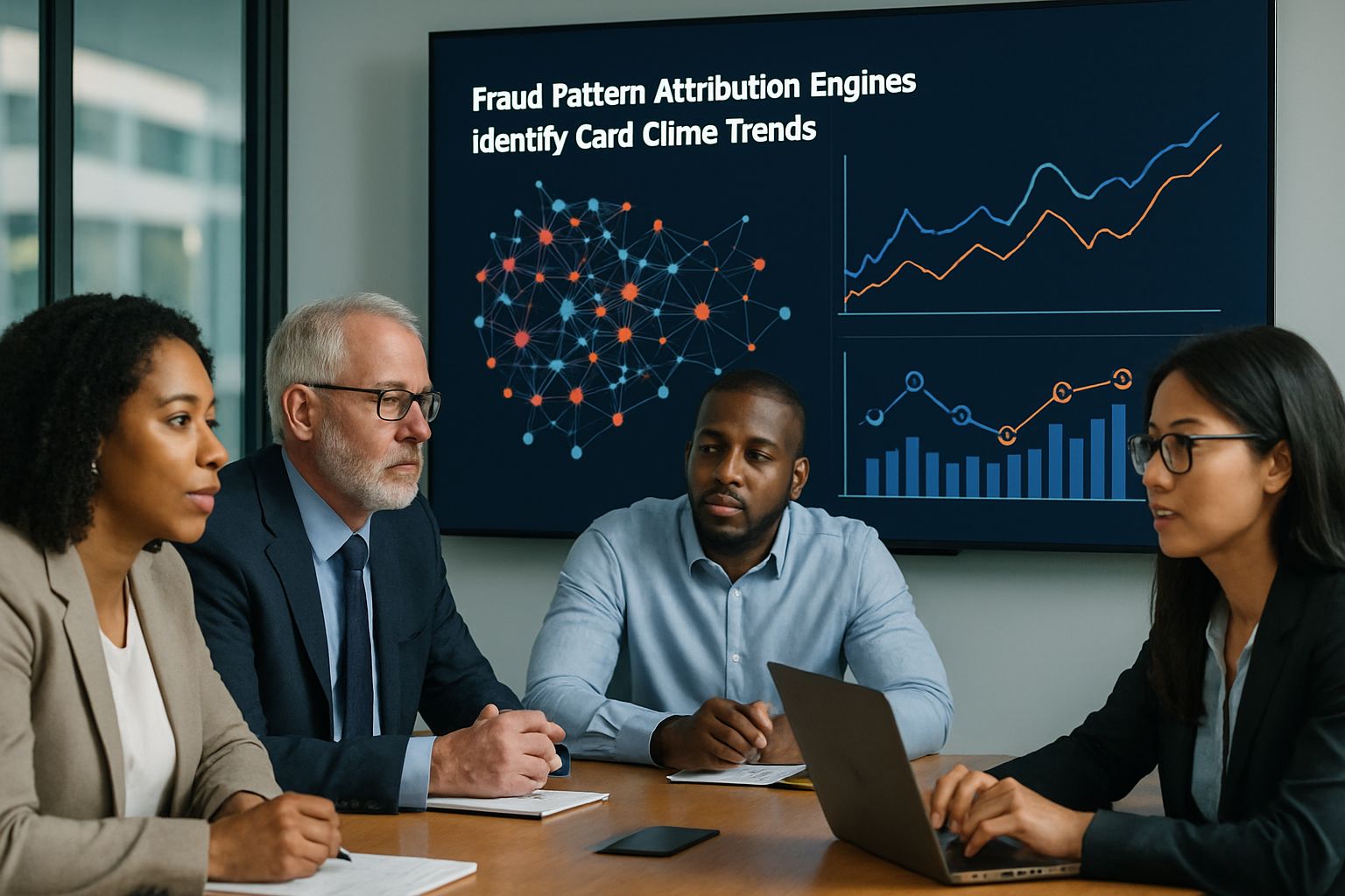 Financial team discussing fraud pattern attribution engines in modern boardroom.