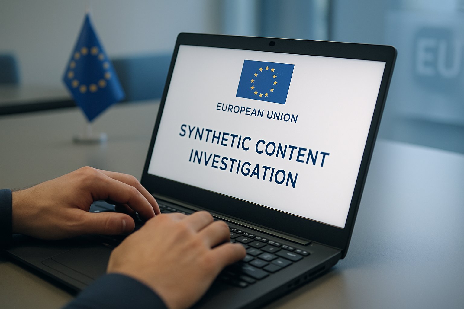 Person reviews Synthetic Content Investigation document on laptop in EU office.