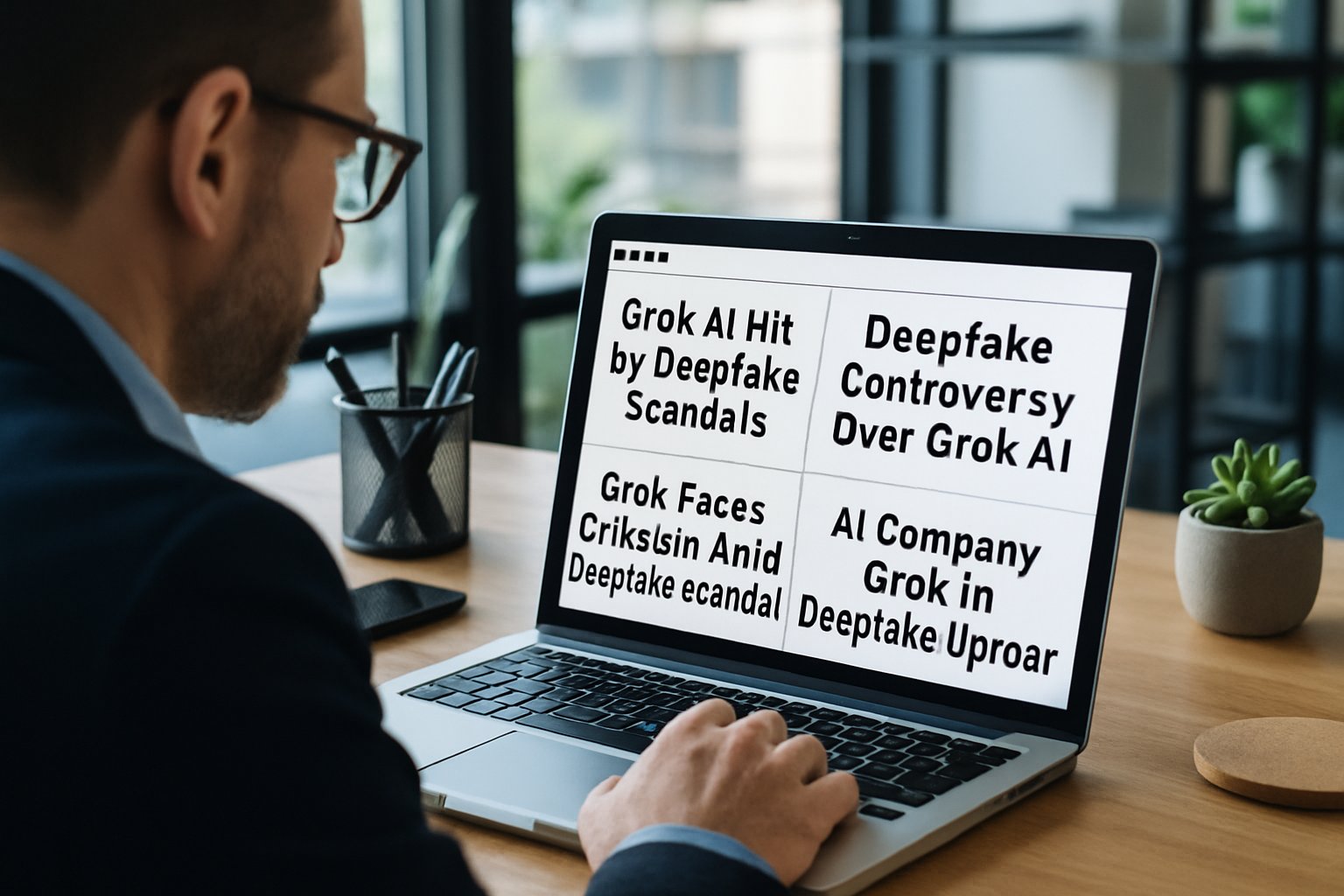 Tech leader reviewing Grok AI deepfake news on laptop.