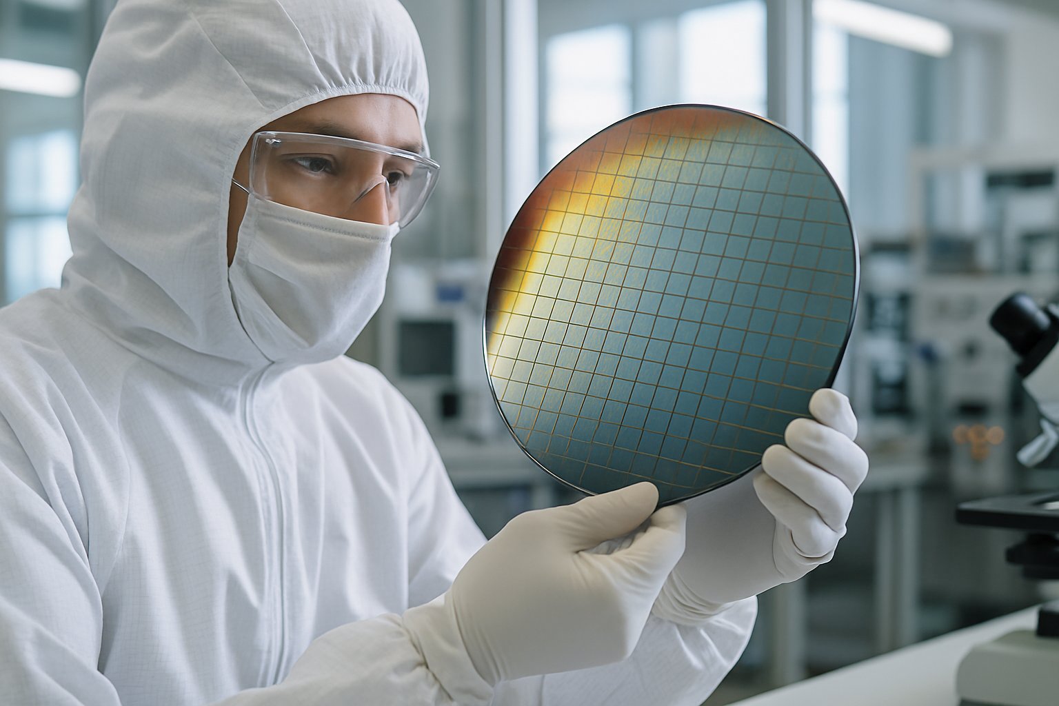 ASML technician inspecting semiconductor wafer in cleanroom for AI chips
