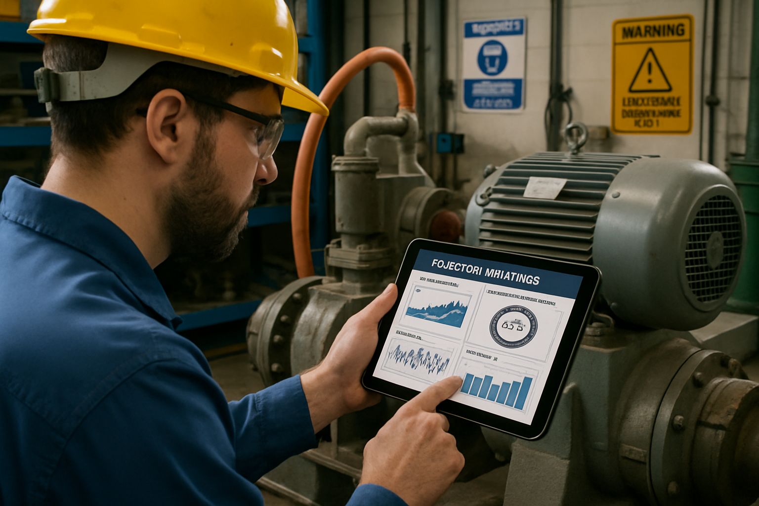 Maintenance technician reviewing predictive maintenance intelligence platforms on industrial machine