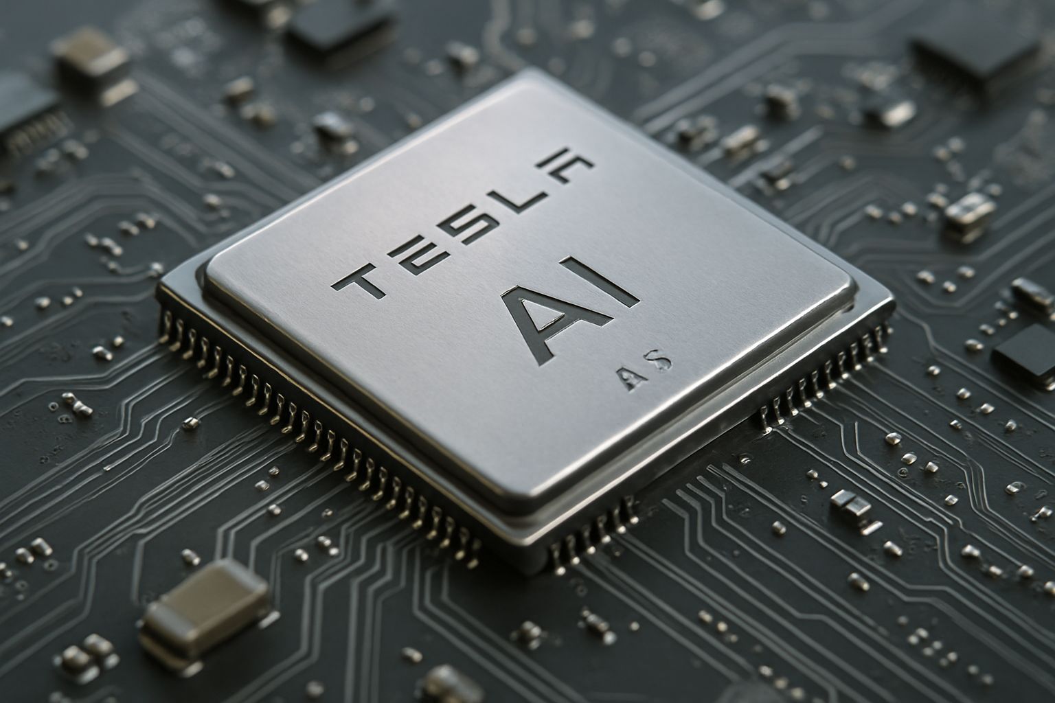 Tesla AI Chip close-up on semiconductor circuit board detail