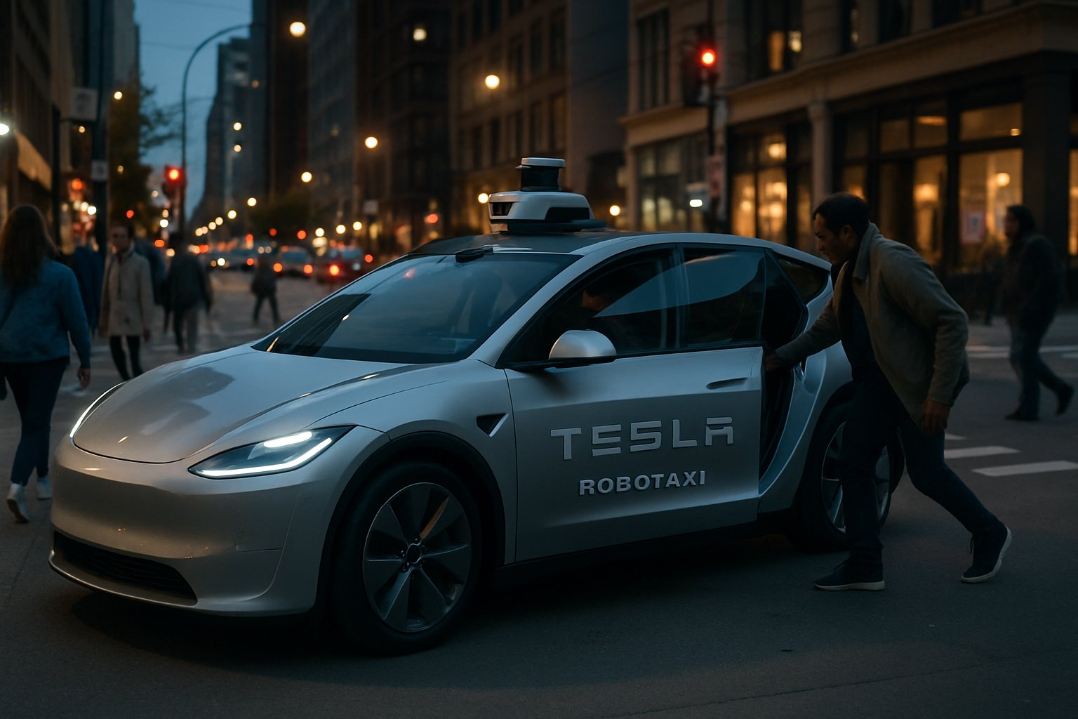 Tesla robotaxi picking up a user on a city street showing future urban transportation.