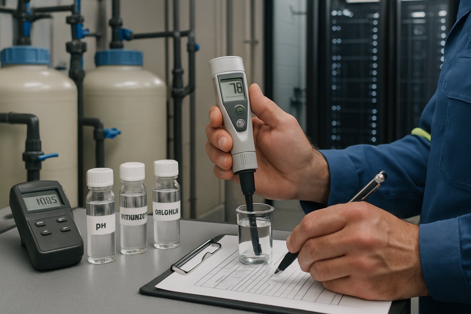 Engineer testing water quality at AI Infrastructure cooling plant.