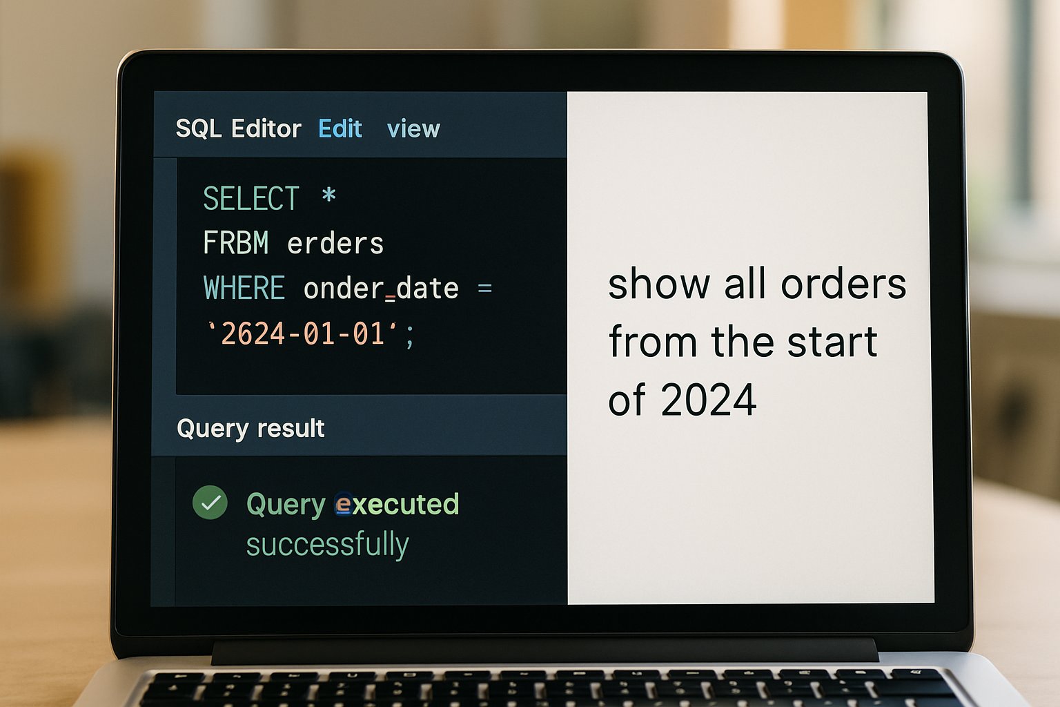 Computer screen displaying Text-to-SQL benchmarks with SQL query and natural language prompt.