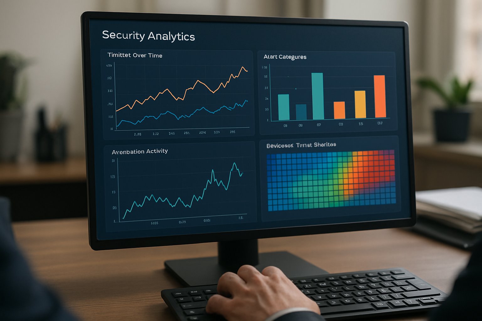 Behavioral threat detection models visualized on a realistic computer screen with analyst.