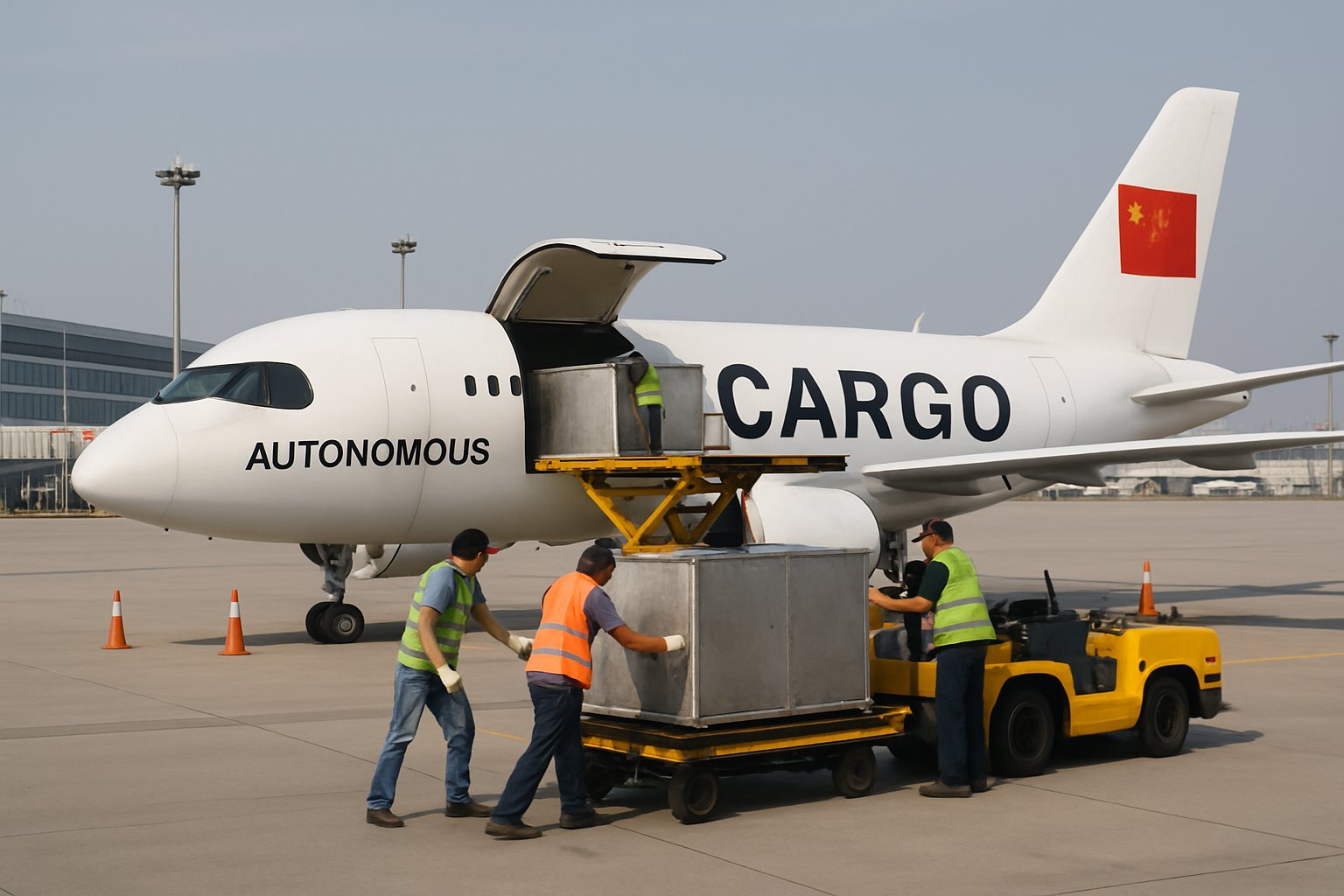 Workers load cargo onto Autonomous Logistics Aircraft at Chinese airport.