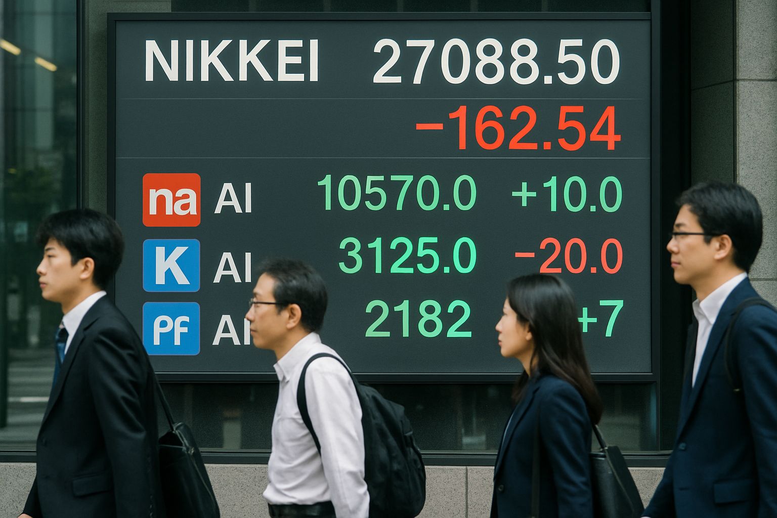Digital stock ticker in Tokyo highlights Japan AI stocks with real commuters passing by.