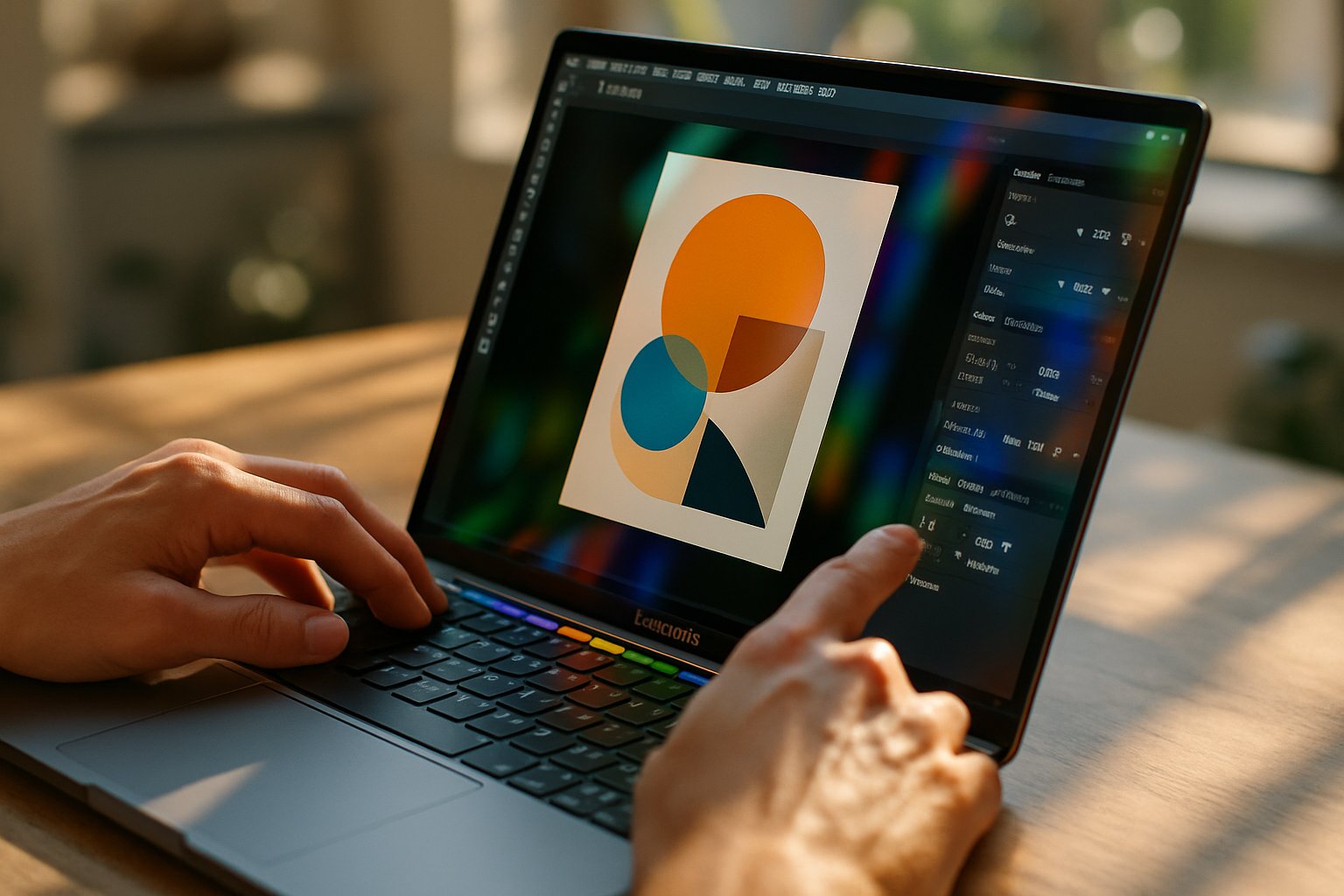 Detailed MacBook Pro OLED touch screen in use by professional designer.