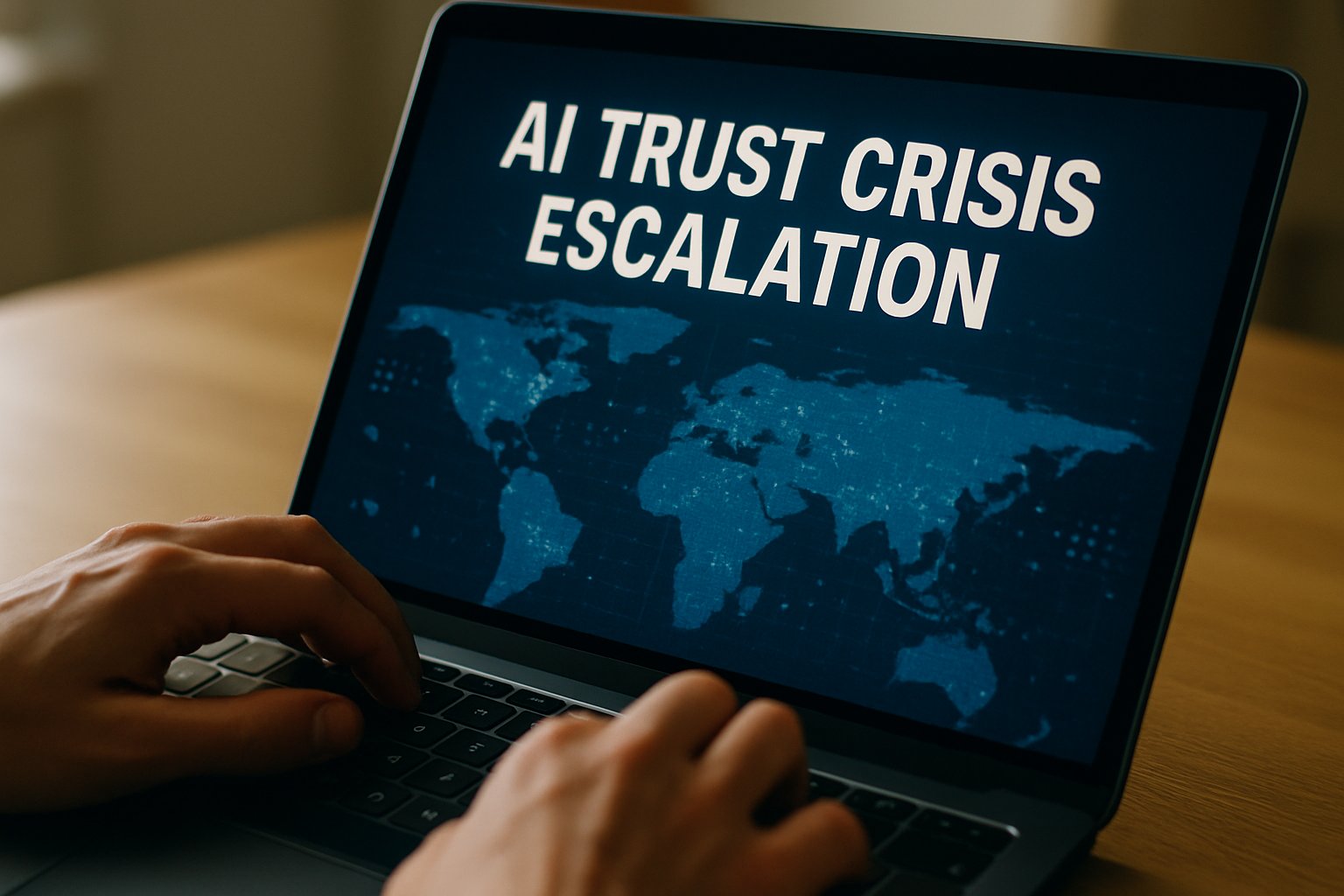 Laptop showing AI trust crisis escalation headline with data graphics.