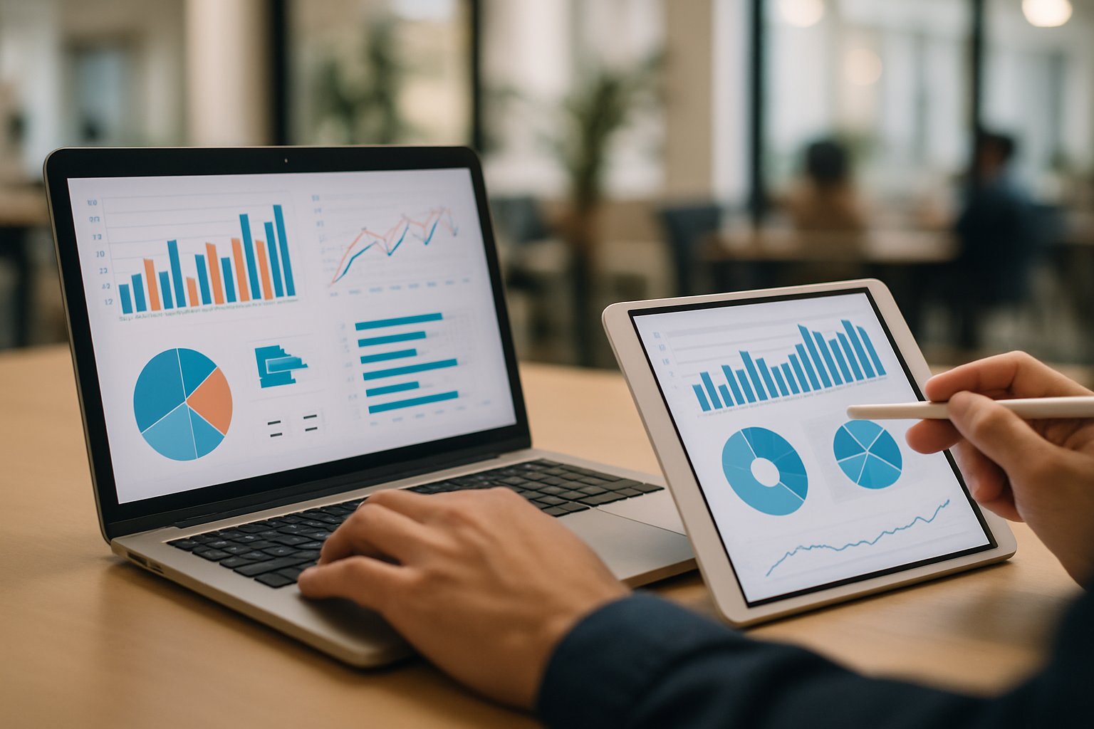 Hands analyzing charts illustrating AI Trends on digital devices in a real office.