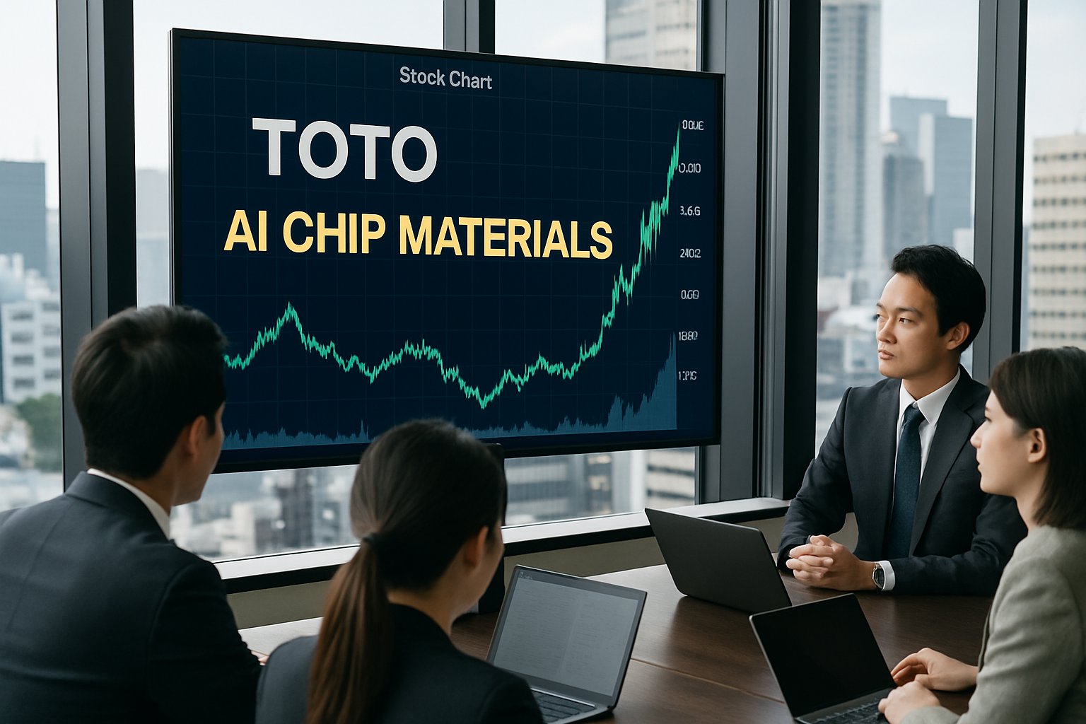 Professionals in a Tokyo office tracking Toto's stock rise due to AI chip materials demand.