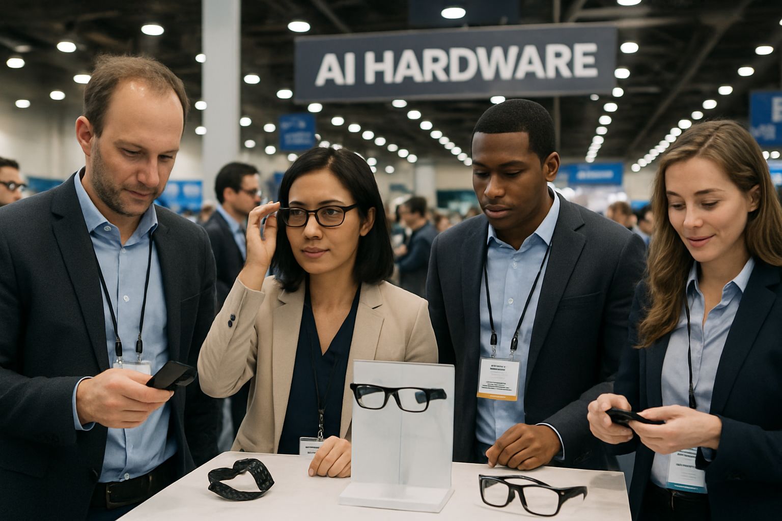 Professionals at a trade show exploring Wearable AI Hardware displays
