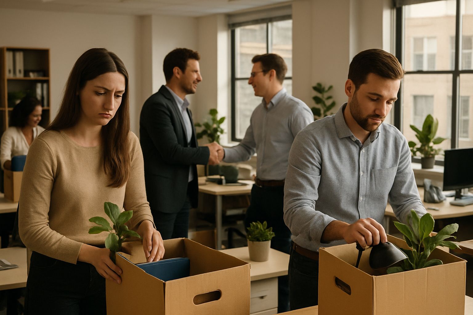 Employees affected by Workforce Restructuring packing boxes in their office.