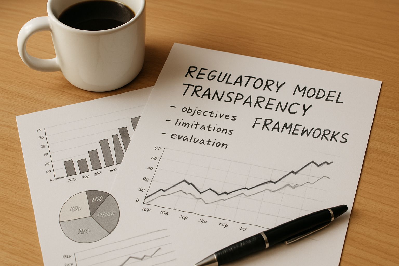 Detailed paperwork on regulatory model transparency frameworks on an office desk.
