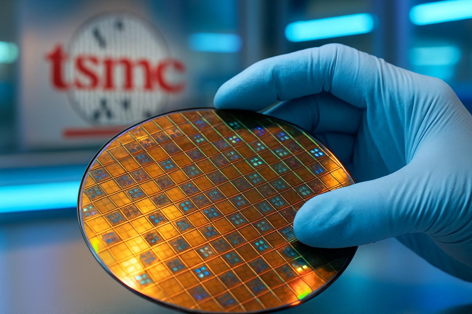 Gloved hand inspects a silicon wafer at TSMC with 2nm microchips.