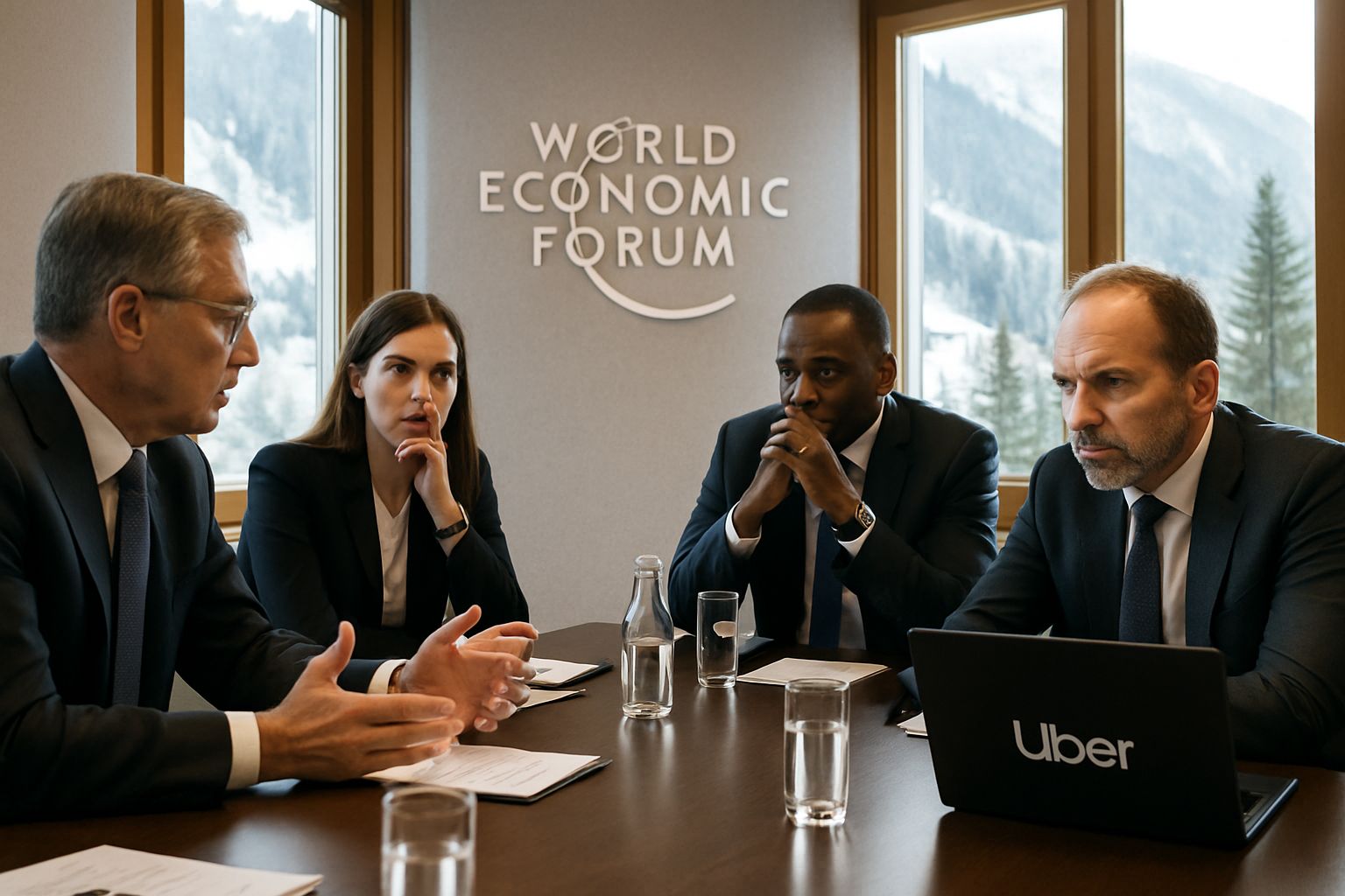 Uber executives discussing AI strategy at Davos conference room