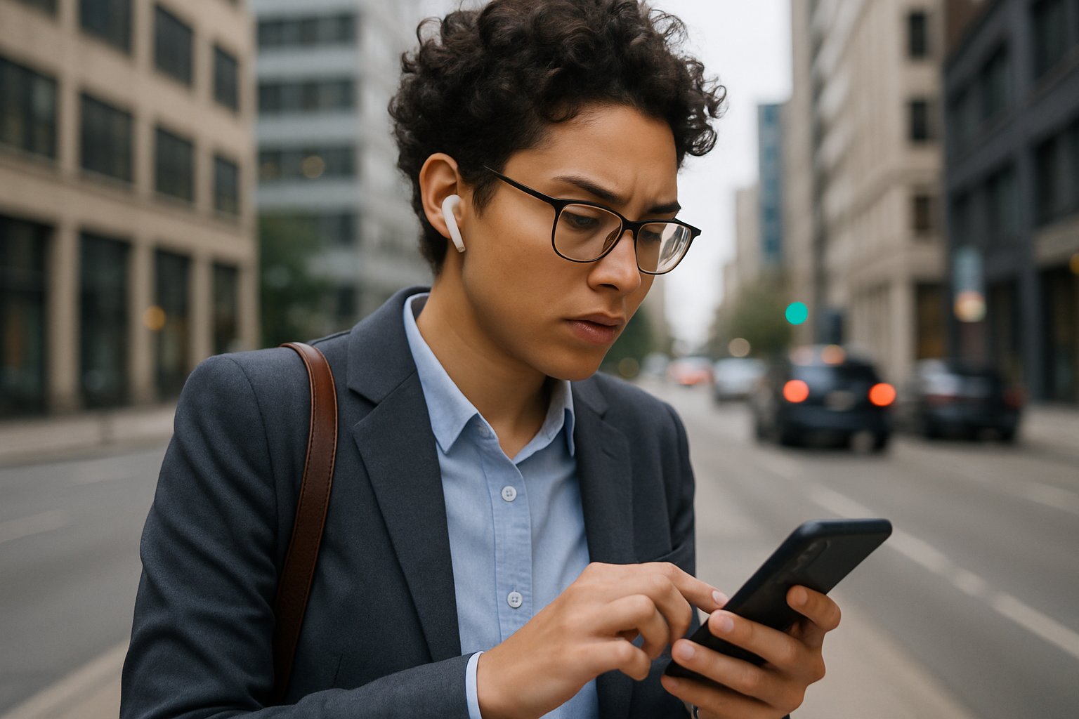 Young professional using AI Earbuds in an urban setting